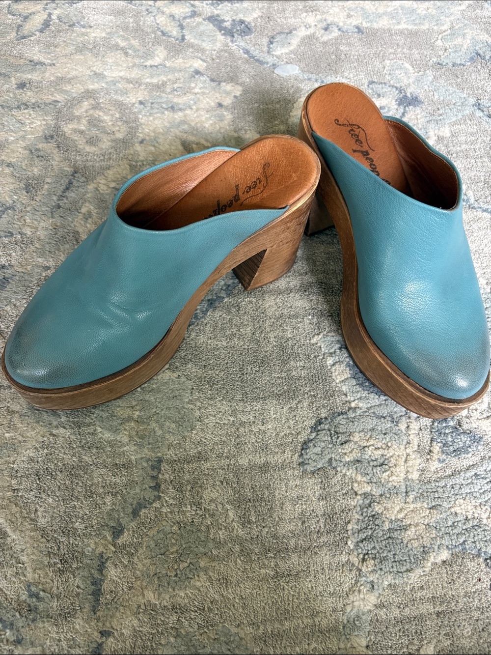 Free People Teal Leather Platform Mules